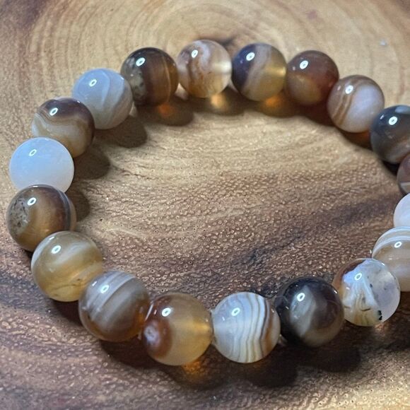 Botswana Agate beaded 10mm beads stretch bracelet striped natural dendrites dend - Picture 10 of 11